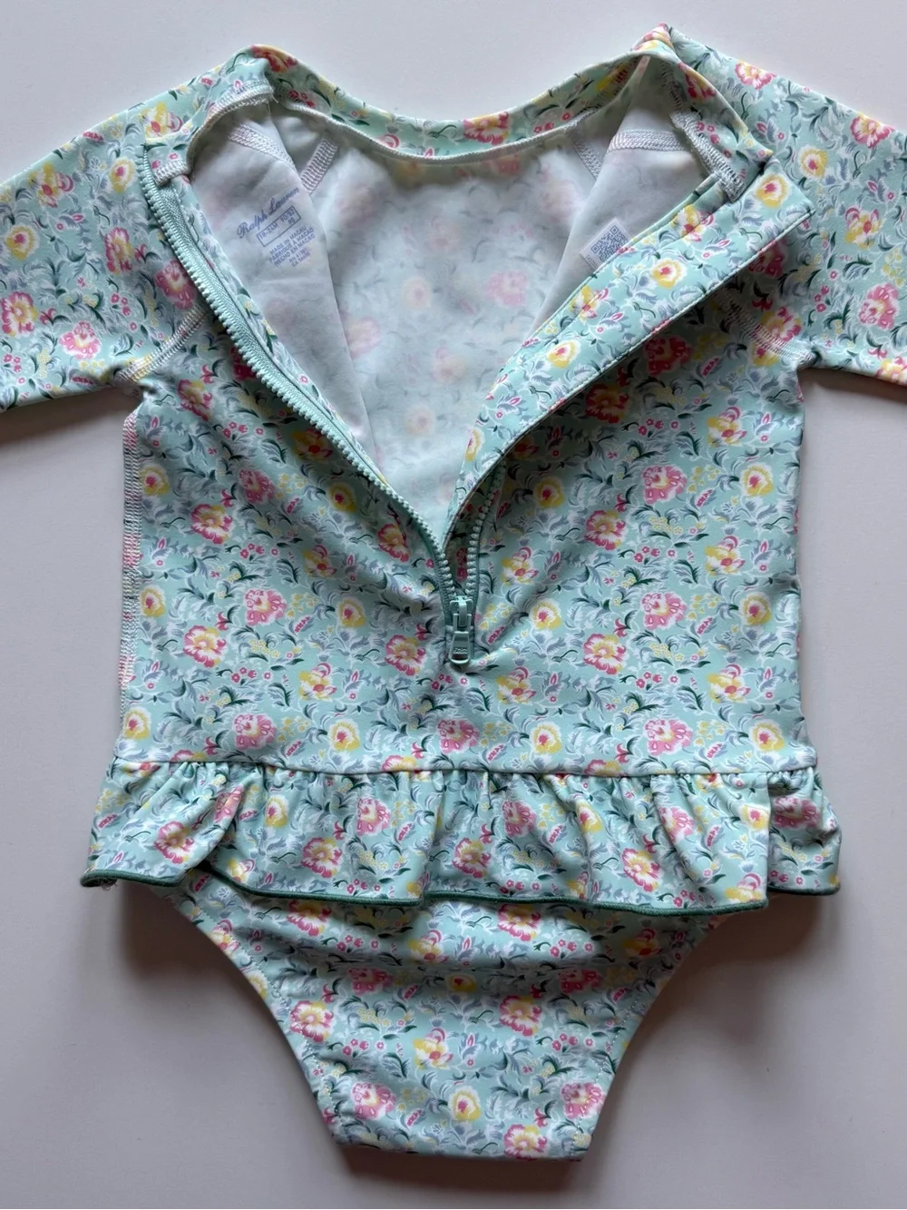 Ralph Lauren Baby Girl Floral Ruffled One-Piece Rashguard Swimsuit - Size 18-24M